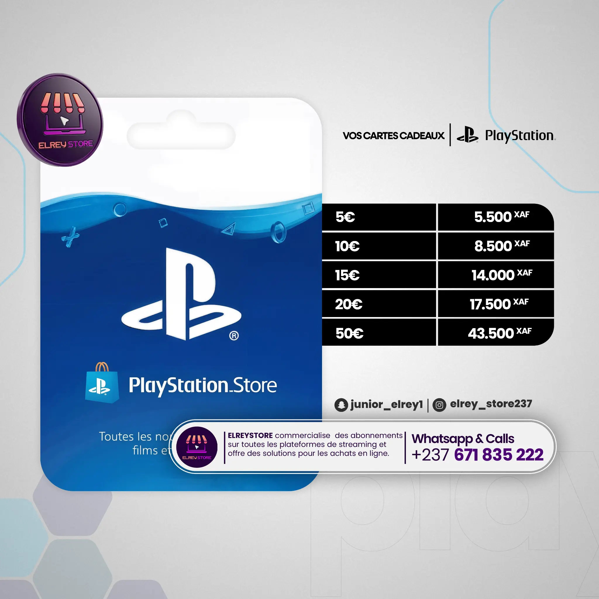 Flyer officiel Cartes PlayStation (PSN) avec tous les tarifs et coordonnées